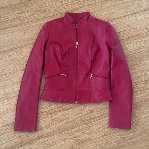Cache red leather crocodile zip up leather jacket